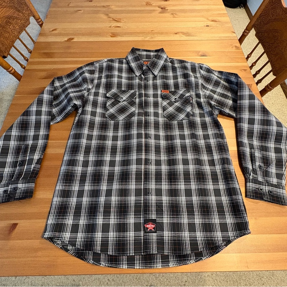 Dixxon Backdraft FR Flannel Shirt Size Large Pearl Snap Black White Red Plaid